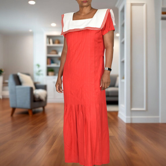 Vintage Sailor Collar Maxi Dress Red Nautical Rayon Column Pleated Retro Medium - Picture 14 of 14